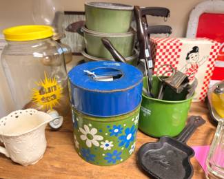 Retro kitchen canisters, cast iron ashtray, vintage kitchenware