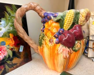 Majolica style harvest fruit and vegetable pitcher