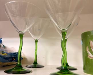 Martini glasses with green twisted stems