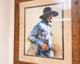 Framed western cowboy art print, rustic wood frame