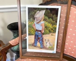 Framed western cowboy and dog print, wood frame