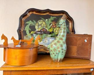 Painted tole tray, Scandinavian carved wood box, art glass vase
