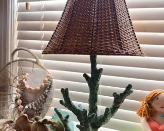 Coral form table lamp with wicker shade, coastal decor