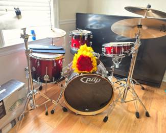 PDP by DW drum set with cymbals and hardware, flat screen TV