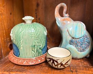 Majolica covered cheese dome and art pottery elephant