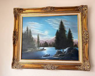 Moonlit lake landscape oil painting, ornate gold frame