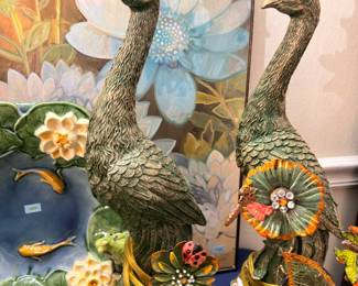 Pair of ornate peacock candle holders, floral art
