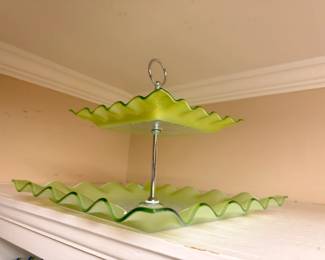 Green ruffled glass two-tier serving stand