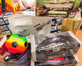Toys and model kits, jet plane, race car, tank