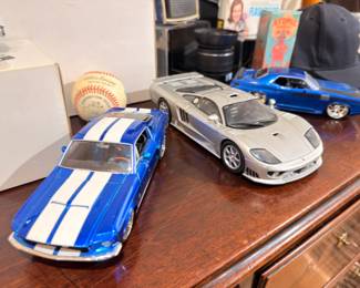 Diecast model cars, Mustang and Saleen, signed baseball