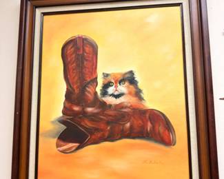 Signed oil painting, kitten in cowboy boot, framed