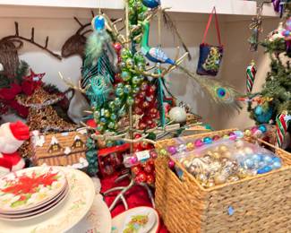 Christmas trees, glass ornaments, and holiday plates