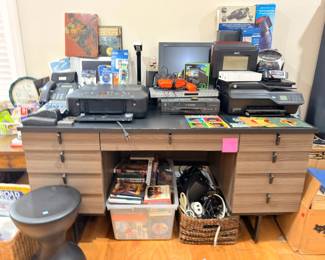 Office desk, printers, monitor, and electronics lot