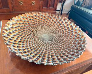 Large peacock feather pattern glass charger platter