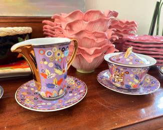 Hand painted porcelain pitcher and sugar set, pink petal bowls