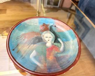 Hand painted art pottery bowl, figure with horses