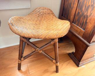 Woven rattan and bamboo saddle seat stool