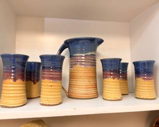 Studio art pottery pitcher and tumbler set, signed stoneware