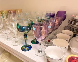 Hand painted art glass goblets, amethyst stemware, china
