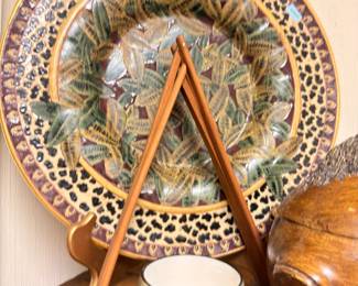 Decorative art pottery charger plate on stand, ceramics