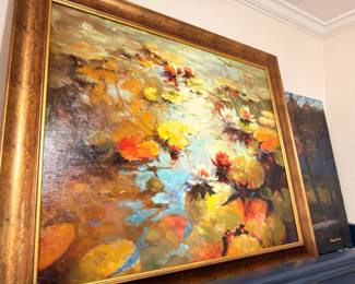 Large impressionist water lily oil painting, gilt frame