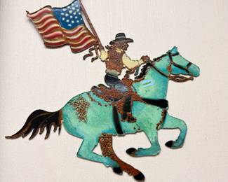 Metal wall art, cowboy on horse with American flag