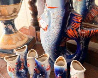 Vintage cobalt figural fish gurgle pitcher with matching cups