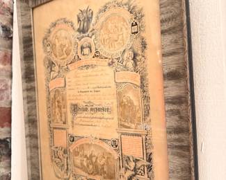 Antique framed lithograph certificate document