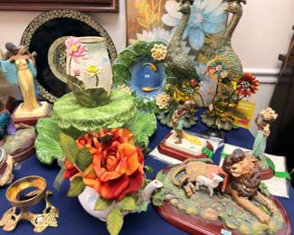 Capodimonte porcelain rose, peacock figures, lion sculpture