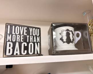 Novelty bacon sign and silhouette mug set