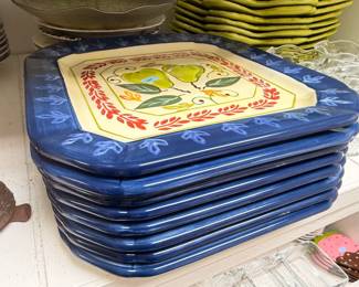Hand painted square dinner plates with pear design, set