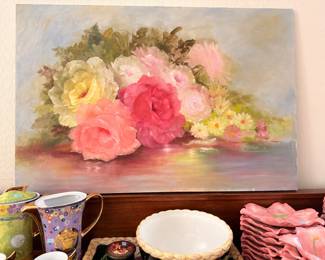 Rose still life oil painting on canvas, unframed