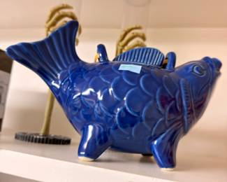 Cobalt blue ceramic figural fish gurgle pitcher