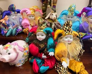 Porcelain jester harlequin doll collection, floral piggy bank