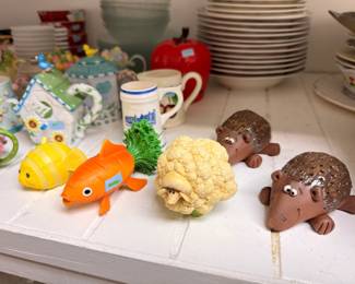 Figural fish and hedgehog pottery, teapot, kitchen decor