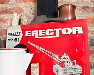 Vintage Gilbert Erector set No. 6 1/2, enamelware, copper pitcher