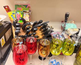 Mercury glass wine goblets, knife block, kitchen items