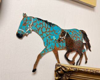 Turquoise horse and foal metal wall art