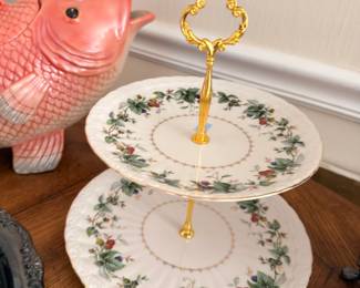 Two-tier china dessert serving stand, holly berry pattern
