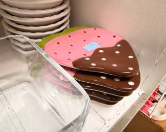Strawberry plates, bowls, and glass baking dish