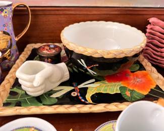 Hand painted dragonfly tray, mixing bowl, figural creamer