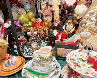 Christmas carolers, holiday china, and ornament lot