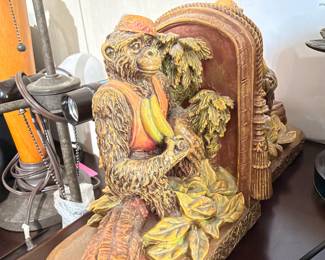 Carved monkey with bananas bookend sculpture