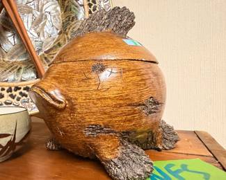 Carved wood figural animal lidded bowl