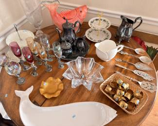 Silver plate teapots, stemware, brass napkin rings, servers