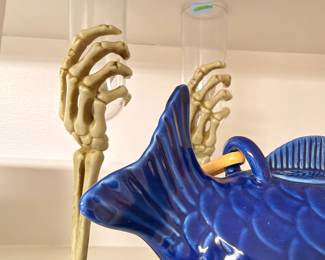 Skeleton hand champagne flutes and cobalt fish pitcher