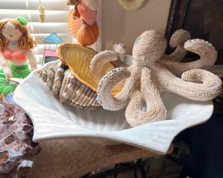 Coastal decor, seashell octopus sculpture and ceramic shell bowl