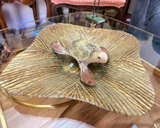 Carved wood turtle on lily pad centerpiece bowl