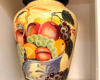 Large hand painted fruit motif pottery vase