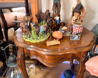French style carved side table, western figurines, oil lantern